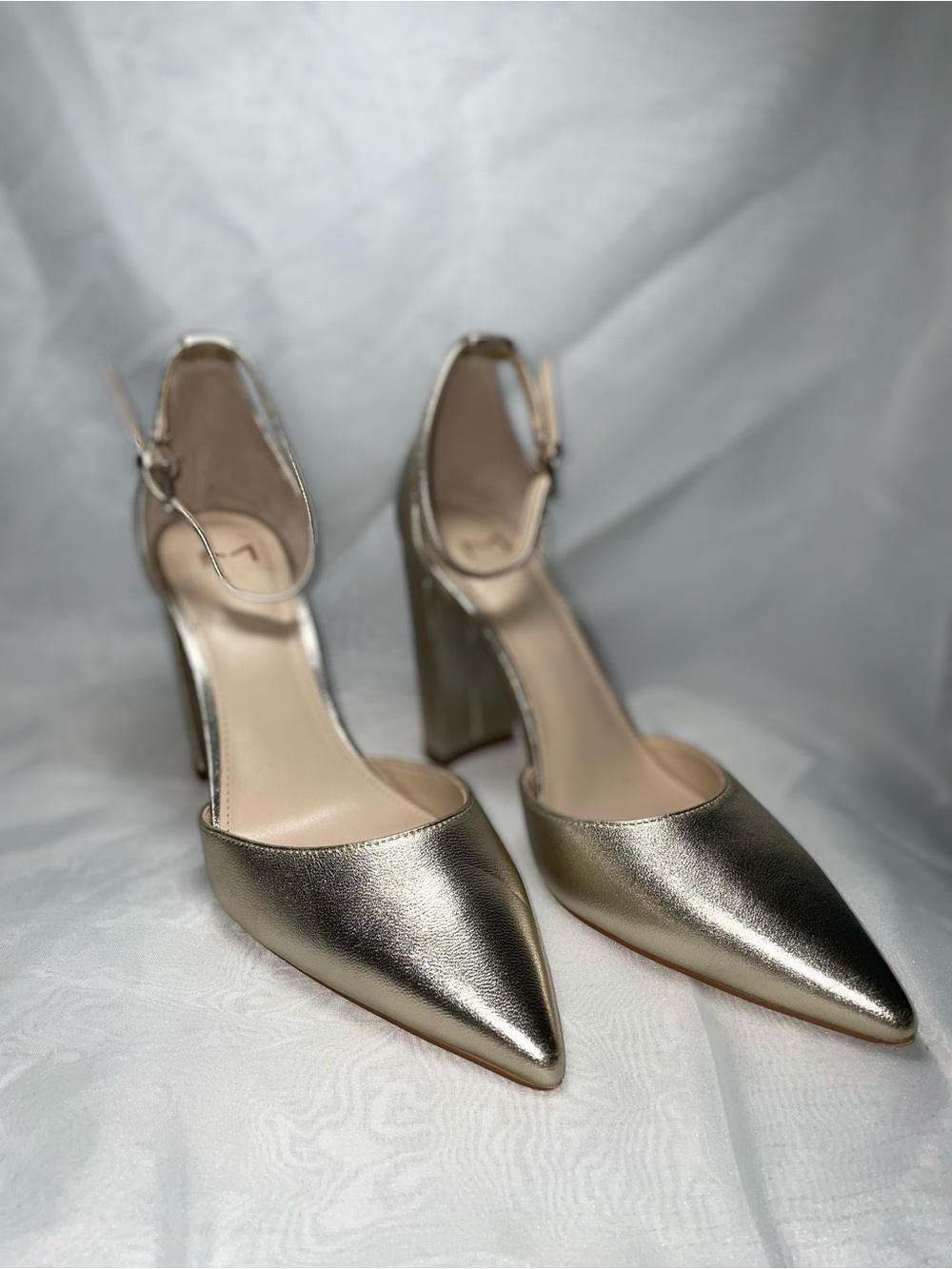 Marc Fisher Metallic Gold Pointed Block Heel Pumps with Ankle Strap